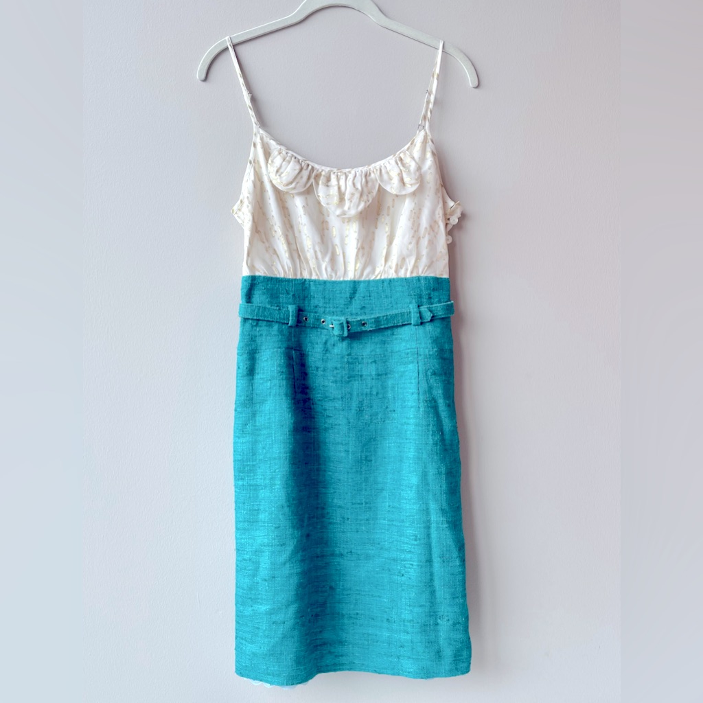 Trina Turk Shirly Tweed Dress, Gold Flecked Ivory And Teal, Size 2